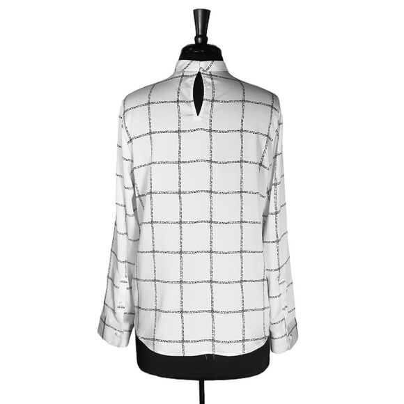 Express Women's Blouse White Black Plaid V-Neck Half Button Down Keyhole Top M - Picture 2 of 11